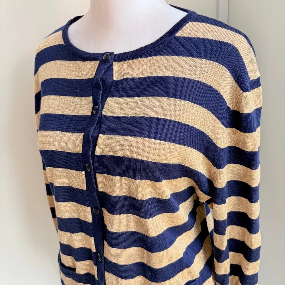 Ralph‎ Lauren NWT Cardigan XL Navy Gold Striped Shimmer Knit Sweater